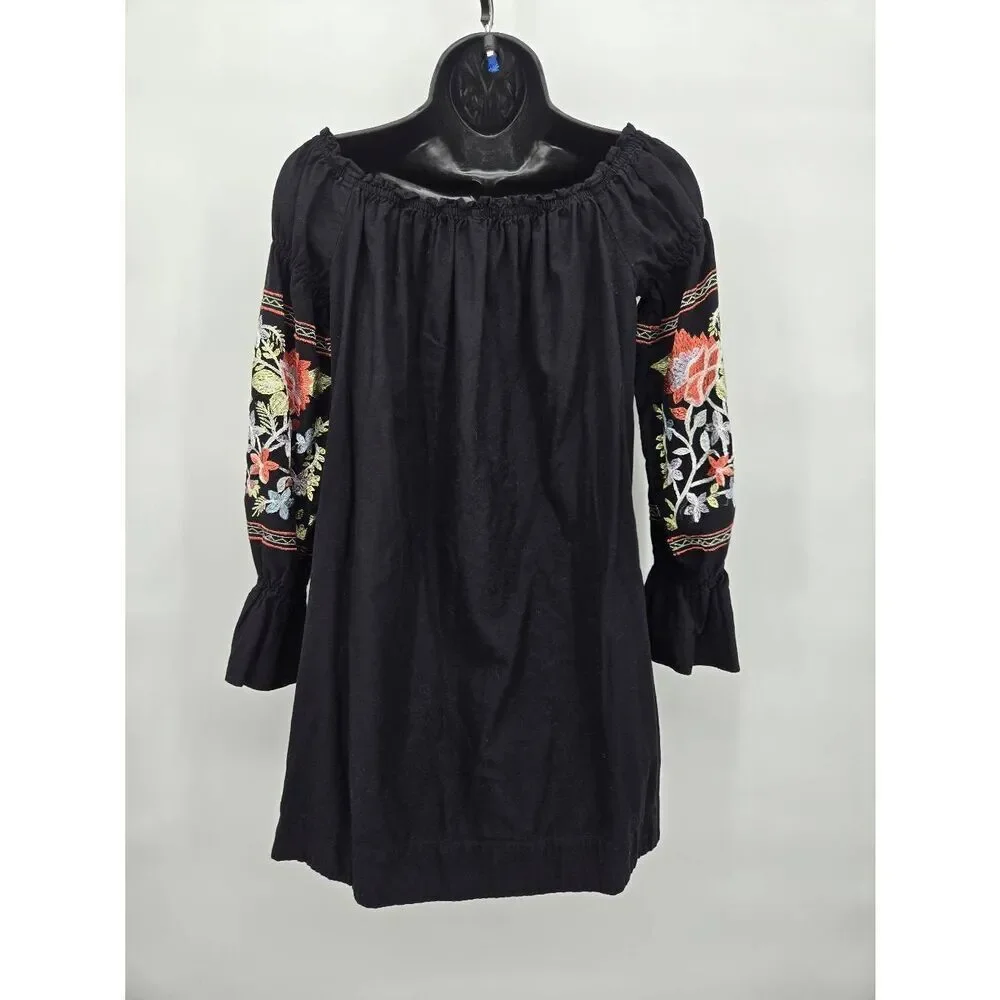 Free People Fluer Du Jour Dress Size XS Black Embroidered Floral Boho Summer